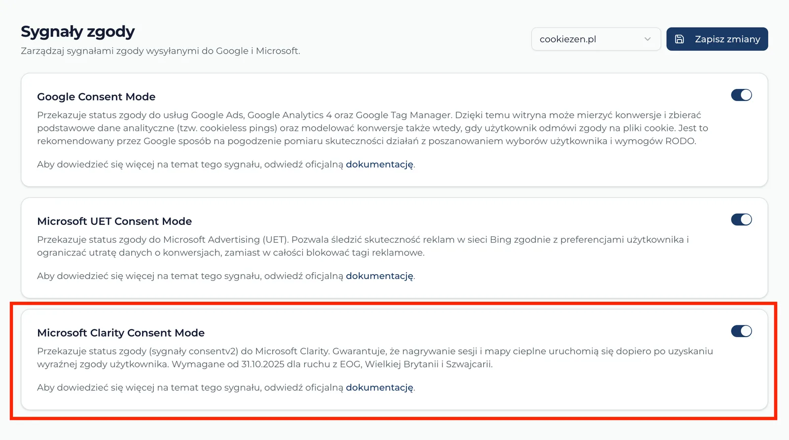 Panel "Sygnały zgody" w CookieZen z włączoną opcją "Microsoft Clarity Consent Mode"