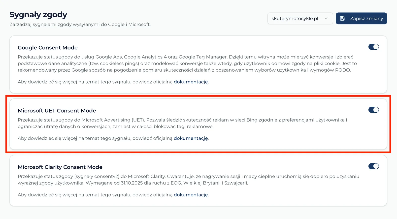 Panel "Sygnały zgody" w CookieZen z włączoną opcją "Microsoft UET Consent Mode"